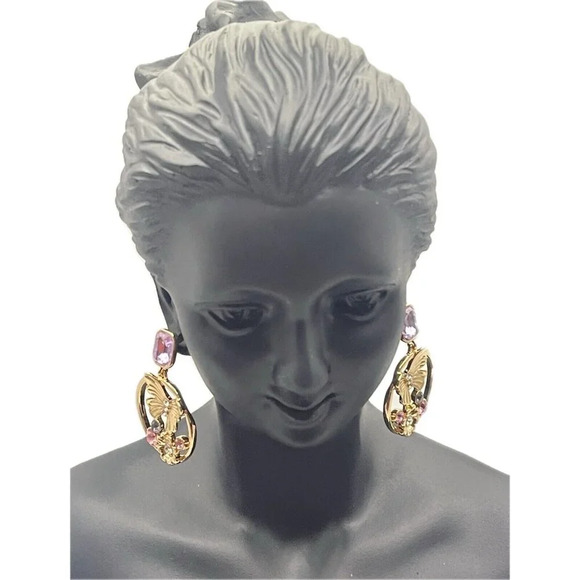 Guess Butterfly Lilac-Pink Accent Stones Gold-Tone Front Facing Hoop Earrings - Picture 3 of 5